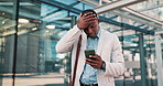 Phone, stress and business man in a city with network, crisis or confused by signal disaster. Travel, anxiety or African male consultant with smartphone, app or communication, problem or fail outdoor