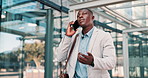 Phone call, business and black man walking in city for travel, journey or serious salesman on work trip in the morning. African professional, smartphone and commute for chat, news and negotiation