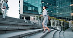 Businesswoman, walking or phone call in city commute to work or office on outdoor travel. Speaking, employee talking and worker networking on steps in modern urban area or Cape Town with news or trip