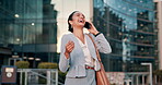 Business woman, city and phone call for travel communication, networking and laughing on her way to work. Excited, professional person or public relations worker talking or chat on her mobile in town