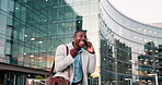 Phone call, business man and celebration in city for success, winning or goal achievement of excited salesman. Smartphone, African professional and cheers for good news outdoor, promotion or victory