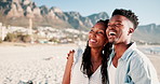 African couple, hug and looking at beach with thinking, care and love for memory on vacation in summer. Man, woman and embrace with thinking, excited and happy for holiday by ocean with connection