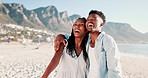 Couple, hug and happy with pointing at beach for thinking, care or love for vacation memory in summer. African man, black woman and show direction with excited smile on holiday by sea with connection