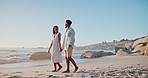 Love, beach and black couple holding hands and walking for bonding, relax and relationship outdoors. Dating, travel and happy man and woman by ocean for romantic holiday, vacation or weekend together