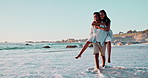 Piggy back, beach and black couple with water, vacation and happiness with holiday and adventure. Relationship, man carrying woman and seaside with journey and travel with romance, date and marriage