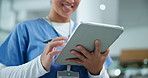 Hospital, doctor and woman on tablet for medical service, online research and consulting. Healthcare, clinic and hands of worker on digital technology for insurance, communication and telehealth