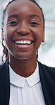 Laugh, business and face of black woman in office with confidence, pride and happy in law firm. Corporate lawyer, professional and portrait of person for consulting agency, legal advisor and career