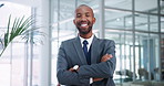 Portrait, professional and black man with smile in office, employee and staff in corporate company. Workplace, bookkeeper and African male person with happiness for investment of business to career