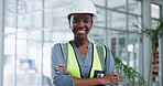 Black woman, construction worker and arms crossed with smile in portrait, engineering and maintenance. Professional contractor, happy with career or building renovation, architecture and technician