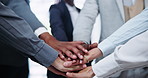 Corporate, business people and hands together in office for support, partnership or meeting. Professional employees, diversity and gesture with teamwork for agreement, motivation and solidarity