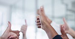 Business people, hands and thumbs up for teamwork agreement for winning support, yes or community. Approval, together and corporate goals for celebration pride with ok good news, victory or union