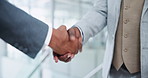 Business people, hand shake and agreement deal in office building for b2b partnership, collaboration or contact. We are hiring, interview and negotiation meeting or welcome, networking or onboarding