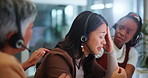 Stress, depression and woman in call center for customer support crisis, help and friends comfort. Frustrated, anxiety and telemarketing consultant in office with challenge, mistake or sad with group