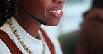 Black woman, mic and closeup with headphones in call center, customer service or consulting at office. Mouth of African female person, consultant or agent talking for online advice, help or support