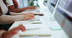 People, hands and typing at computer for online research at consultation company for internet report, service or contact us. Colleagues, fingers and keyboard for work email in Canada, review or blog