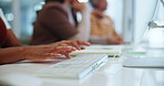 Hands, typing and keyboard with computer for online research with internet connection at desk for proposal, blog or office work. Person, fingers and pc or article project planning, email or report