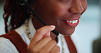 Black woman, mic and call center with headphones for customer service or consulting at office. Closeup of African female person, consultant or happy agent talking for online advice, help or support