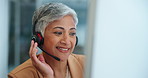 Senior woman, consultant and call center with headphones for customer service at the office. Face of mature female person or agent with smile and consulting for online advice or help at the workplace