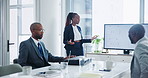 African woman, presentation and chart at meeting with welcome, data and financial review with board. Person, speaker and graph on whiteboard for talking, workshop and feedback for investment growth