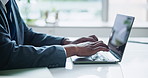 Businessman, hands and typing on laptop with email for schedule planning and project report at desk. Entrepreneur, employee and technology for writing information, meeting minutes and proposal review