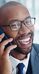 Smile, phone call and laughing with business black man in office for networking or planning, Contact, corporate and connection with funny employee talking on mobile for negotiation in workplace