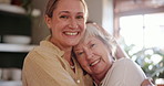 Senior mother, daughter and face with hug for love or bonding moment with affection, security and warm embrace with happiness. Family, home and together with comfort, support and connection with care