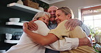 Smile, hug and woman with senior parents in living room of family house with love and care. Happy, excited and female person bonding and embracing elderly mother and father in lounge at modern home. 