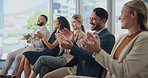 Success, happy or business people clapping in seminar presentation for winning, team support or motivation. Smile, audience or applause of proud employees for target goals, achievement or celebration