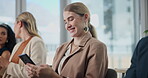 Business woman, phone and waiting room with communication, chat and networking for job search. Professional people typing, laughing and happy on mobile for website recruitment, career or social media