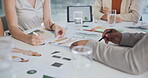 Fashion designer, documents and planning in meeting with creative discussion, choice and feedback on project. Business people, tablet and paper with trend analysis, research strategy or brainstorming