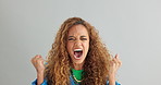 Woman, anger and screaming with depression in studio for stress, mental health and death by background. Girl, person or model with anxiety, frustrated and shouting with rage, fist and panic attack