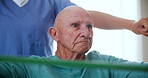 Senior man, physical therapy and resistance band for health, wellness or rehabilitation in nursing home. Stretching, elderly person or help for recovery, training or physiotherapy to exercise closeup