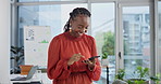 Phone, business and happy black woman reading funny email on social media app online in office. Smartphone, professional and laughing at comedy on internet, meme and financial analyst scroll website