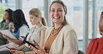 Presentation, audience and face of woman with tablet for conference, tradeshow and meeting. Corporate office, business people and portrait of person on digital tech in workshop, convention or seminar