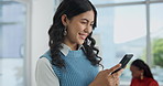 Phone, smile and business woman scroll or reading funny email on social media app in startup office. Smartphone, professional and laughing at meme on internet, comedy and creative designer online