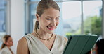 Woman, office and laugh with tablet for meme on social media post for information, entertainment and trends on break. Female person, closeup and smile as public relations on internet and funny video