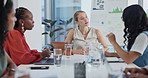 Meeting, conversation and business women in office in discussion for planning, brainstorming or ideas. Paperwork, documents and professional female designers in collaboration on project in workplace.