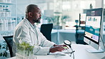 Science, healthcare and black man on computer in laboratory for research, website and internet. Pharmaceutical, hospital and doctor on pc for medical innovation, data analysis and online report
