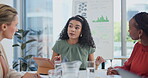 Business, woman and teamwork with discussion in meeting for data analytics review or financial feedback. Collaboration, employees or communication for infographic strategy with listening or diversity