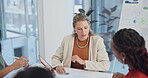 Data analysis, woman or teamwork with documents in meeting for statistics review or financial feedback. Collaboration, employees or discussion for infographic strategy with communication or diversity