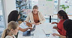 Data analysis, woman or teamwork with discussion in meeting for statistics review or financial feedback. Collaboration, employees and communication for infographic strategy with top view or diversity