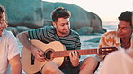 Guitar, music and friends relax on beach, fun with musician and group of students on Spring break. Social gathering, reunion and hangout by the ocean, people with celebration and musical instrument