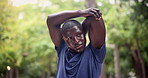 Nature, fitness and athlete stretching arms for exercise in outdoor park, field or garden. Sports, health and African male person with muscle warm up workout for training with personal trainer.