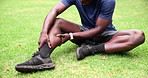 Closeup, legs and man with pain, fitness and athlete with injury and emergency with inflammation. Person on the grass, outdoor or runner with muscle tension and first aid with bruise and fibromyalgia