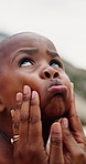 Son, kid and mother with affection on beach for bonding, playing and funny face with happiness and talking. Black family, mom and child by ocean with love, care or conversation on holiday or vacation