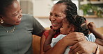 Happy, hug and child with grandmother and mother on sofa laughing, playing and bonding together. Smile, relax and young girl kid embracing with mom and senior woman in living room at family home.