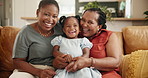 Smile, face and child with grandmother and mother on sofa laughing, playing and bonding together. Happy, relax and portrait of young girl kid with mom and senior woman in living room at family home.