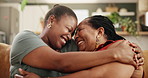 Sofa, hug and happy senior mother with woman for loving relationship, bonding and relax together. Family, home and African mom with daughter laugh on couch for love, care and embrace in living room