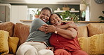 Sofa, hug and senior mother with woman for loving relationship, bonding and relax together. Family, home and portrait of African mom with daughter on couch for love, care and embrace in living room