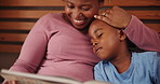 Mother, child and reading book for bed time with education, learning and storytelling in language development. African family, kid and happy mom with love and support or helping with literacy at home